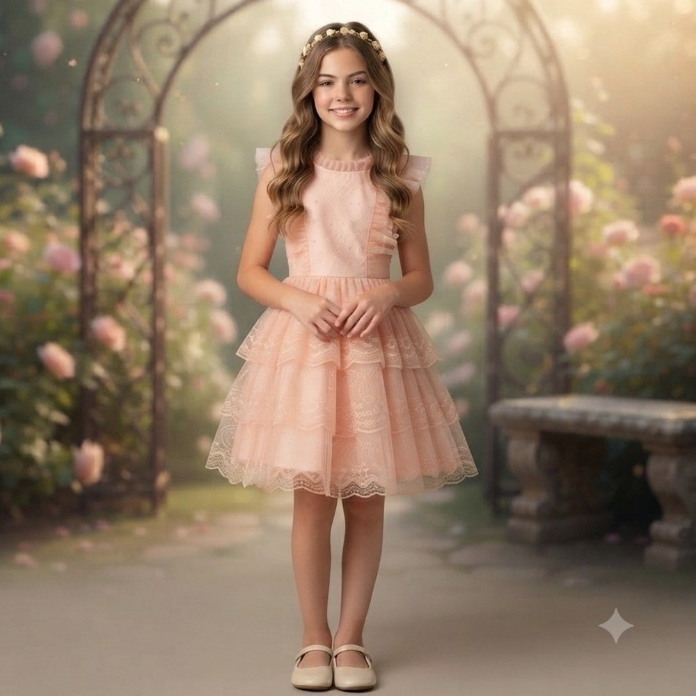 NEW Embroidered Ruffle Sleeveless Dress Pink / Peach Wedding Flower Girl Size 12